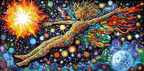 A Cosmic Figure Floats Amongst Stars and Colorful Nebulae