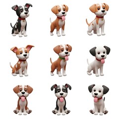 Naklejka premium Adorable Cartoon Dog Characters Set: Perfect for Children's Projects and Pet-Themed Designs, Featuring Nine Cute Puppy Illustrations.