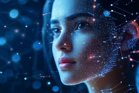 A womans face with digital connections overlayed in blue