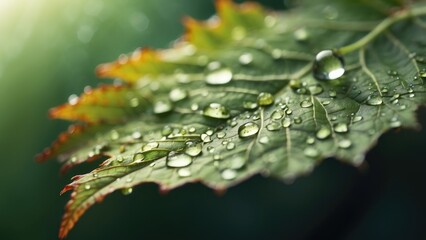 A close-up view of a leaf surface covered in water droplets.