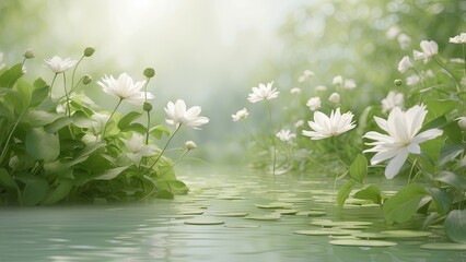 Lush green plants with delicate, feathery flower heads stand against a softly blurred, pale background.