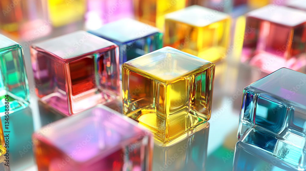 Poster colorful translucent cubes arranged artistically on a reflective surface, creating a vibrant visual 