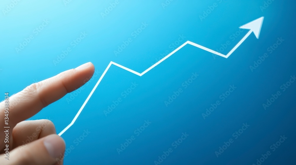 Aufkleber hand pointing at upward trend graph. business success. possible use for stock photo