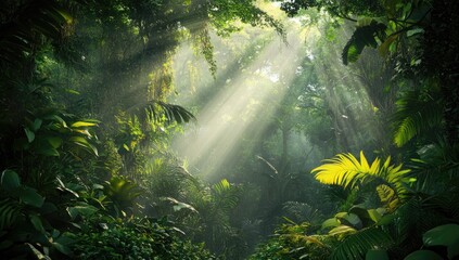 Obraz premium Sunlight filtering through dense jungle foliage (1)