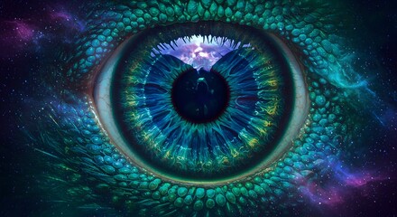 Vibrant artistic representation of a peacock's eye revealing stunning colors and detailed textures. Wildlife art concept
