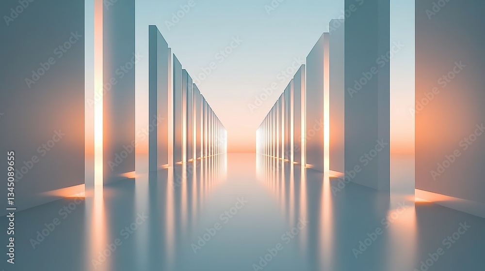Poster symmetrical glowing rectangles arranged in a grid pattern