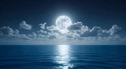 Romantic Moon With Clouds And Starry Sky Over Sparkling Blue Water