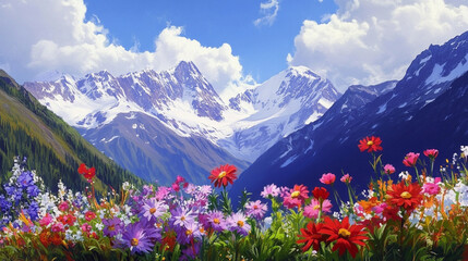 Vibrant wildflower meadow in the foreground with majestic snow-capped mountains under a bright blue sky