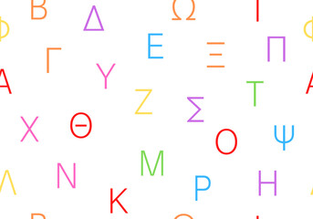 Seamless pattern with Greek letters colorful vector illustration. Texture with abc. Alphabet letters shapes abstract seamless repeat pattern. Multicolor seamless pattern with Greek letters