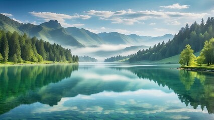 A tranquil lake, mirroring the surrounding landscape.