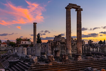 Fototapeta premium Picturesque view of ruined temple of Apollo in small Turkish town Didim at sunset