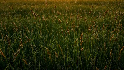 Obraz premium Lush Green Field of Grass at Sunrise or Sunset. A sweeping vista of a vibrant green field of grass, likely a crop field.