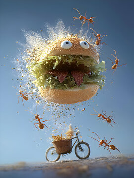 Naklejki Ants Attacking a Flying Burger on a Bicycle