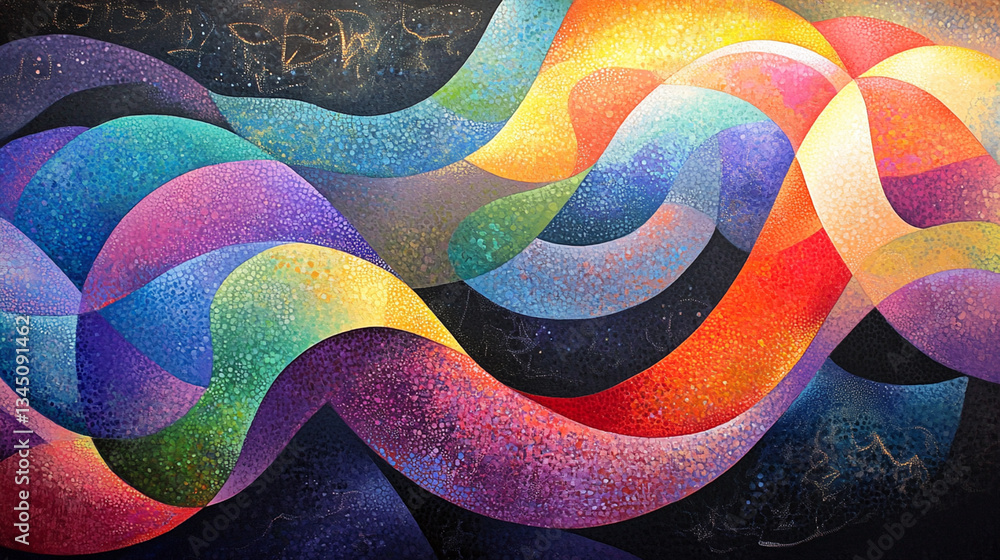 Poster vibrant abstract wave patterns in multicolored hues flowing across a dark background, evoking motion