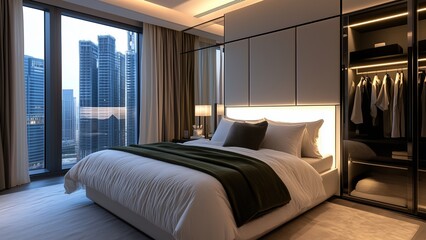Luxury hotel bedroom with city skyline view at dusk