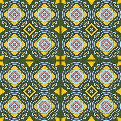 Vibrant and detailed mosaic-style ornamental pattern featuring geometric and organic motifs with harmonious color combinations, perfect for decorative designs, backgrounds, or textile creations.