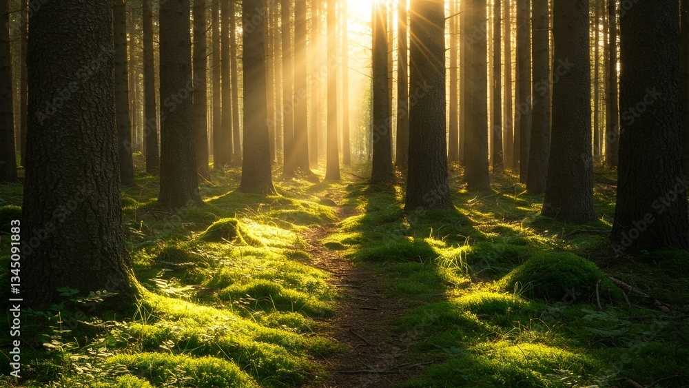 Poster sunlight streams through a tranquil forest. a serene forest scene bathed in golden sunlight filterin
