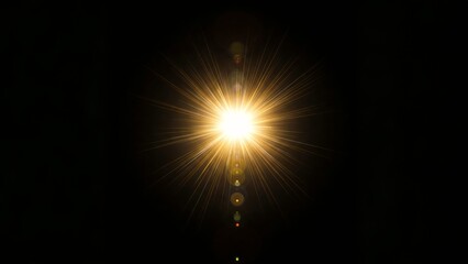 Naklejka premium Bright golden lens flare on a black background. A dramatic, eye-catching lens flare in golden hues radiating outward from a central point against a completely black background.