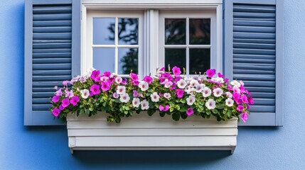 Flower-filled window box on a light blue wall