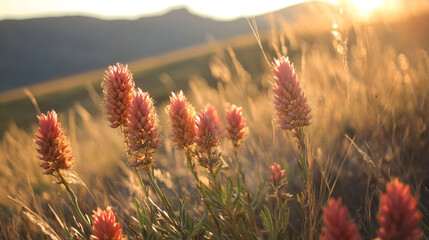 Beautiful sunset over a field of pink wildflowers with mountains in the background