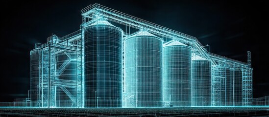 A detailed glowing representation of large industrial storage structures