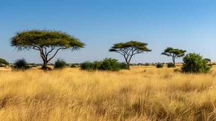 Obraz premium Savanna's Beauty Unveiled: Triumph of Vegetation under the Wild Blue Sky