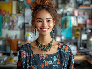 Smiling mixed race female artisan wearing handmade turquoise jewelry, standing in colorful bohemian boutique surrounded by unique handcrafted accessories