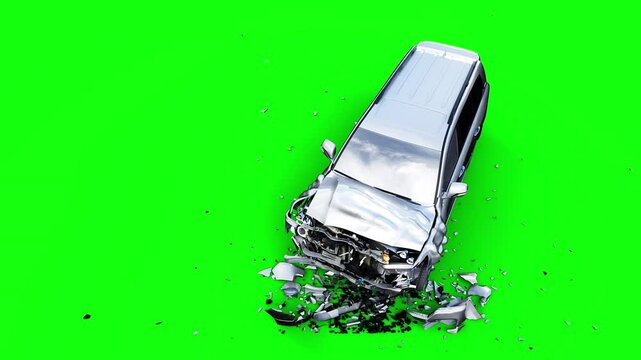 Generic 3d car crash test. Car destruction. Green screen isolate.