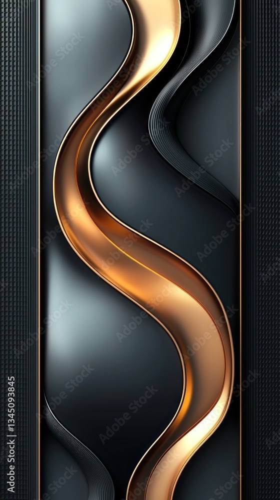 Sticker abstract design with flowing gold lines on dark smooth surface