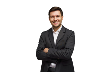 Professional man in business suit smiling confidently with arms crossed against a plain background