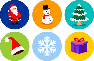 Flat-style Christmas icons: snowy pine, snowman, snowflake, gift box, and Santa Claus, with colorful circular backgrounds.
