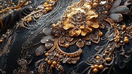 Intricate close-up of luxurious black fabric adorned with golden floral embroidery and sparkling gems