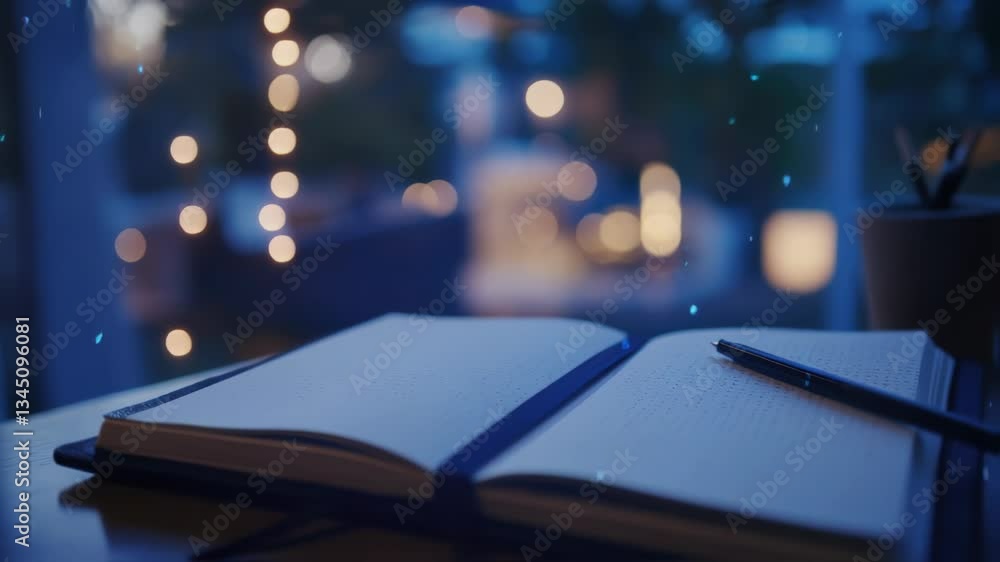 Poster open notebook lies on a table near a window with blue digital data raining upon it, a pen resting on
