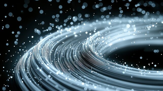 Abstract glowing fiber optic cables circle against black backdrop with bokeh effect