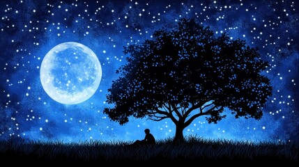 A person sits beneath a large tree at night
