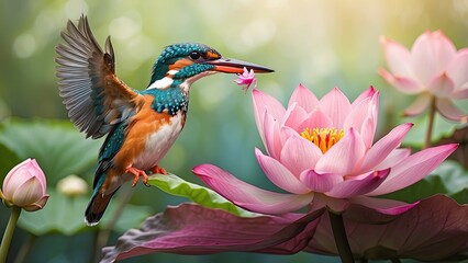 A small kingfisher with vibrant plumage hovers in mid-air,