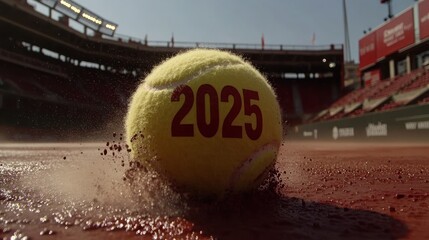 A tennis ball featuring the year two thousand twenty five