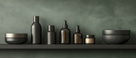 A shelf displaying cosmetic products and bowls on a dark wall