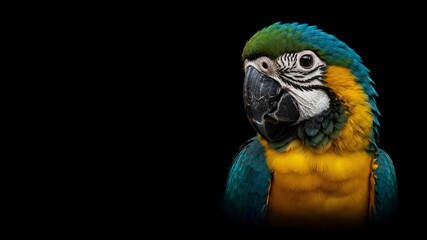 A vibrant portrait of a colorful macaw parrot on a black background, with space for text. Its striking feathers stand out, making it ideal for wildlife, nature, or creative content.


