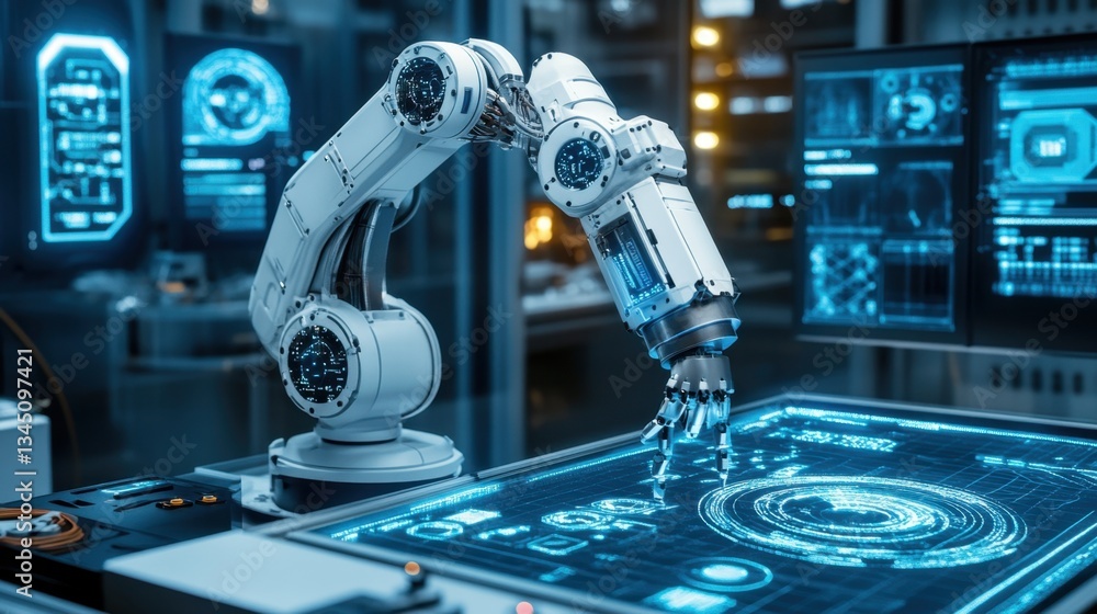 Poster ai-controlled robotic arm performing complex engineering tasks.