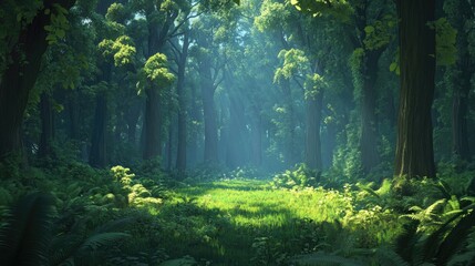 Fototapeta premium Lush Green Forest Landscape with Sunlight Filtering Through Trees and Ferns in a Tranquil Natural Setting