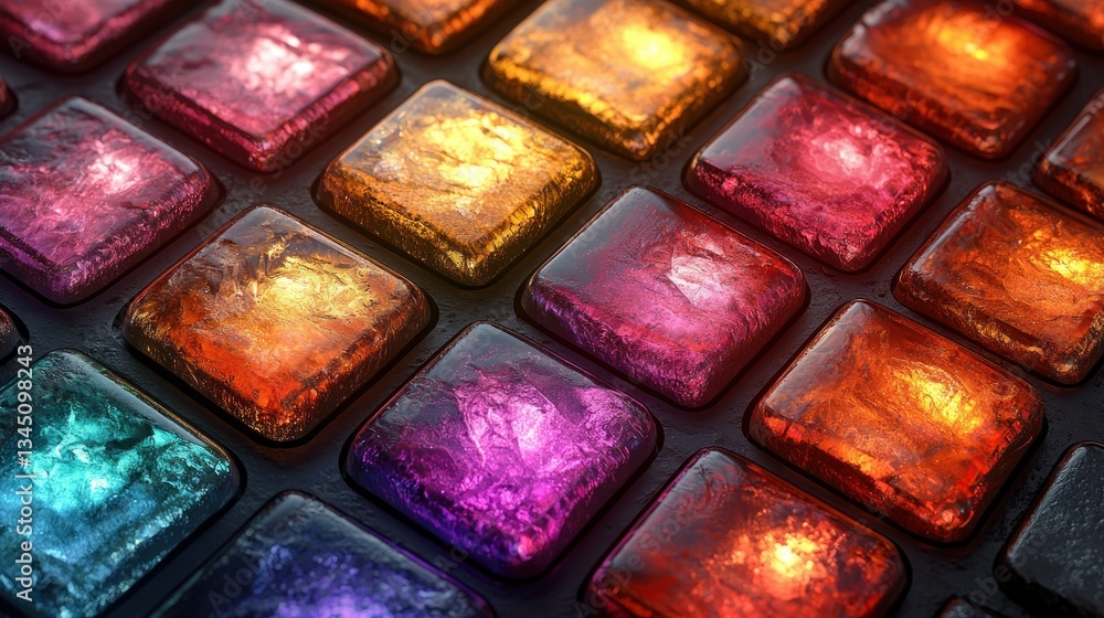 Wall mural abstract rows of translucent, colorful square gems on a dark textured background