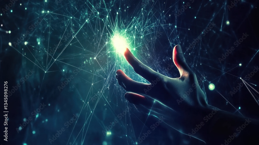 Poster ai-powered robotic hand reaching towards a glowing light of knowledge and data.