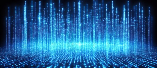 Bright blue particles ascending from the shimmering digital surface