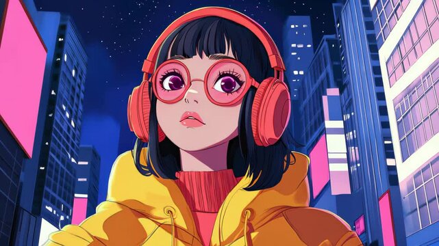 A vibrant cyberpunk girl in retro gear, sporting headphones amidst a bustling cityscape, blending s nostalgia with modern flair.