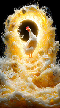 Naklejki White Chicken in Golden Egg Foam Wave