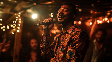 A lively singer performs passionately on stage in a cozy venue filled with warm lights and an engaged audience