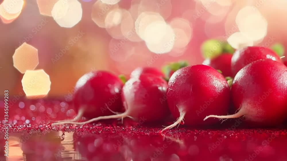 Poster fresh radishes on a sparkling surface create a vibrant and colorful display