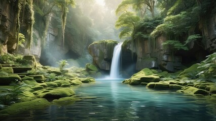 A stunning, serene waterfall cascades down a lush, green cliff into a clear,