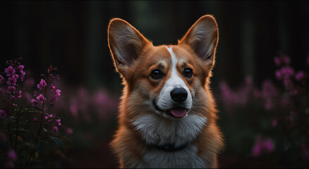 A close-up of a dog surrounded by purple flowers.
